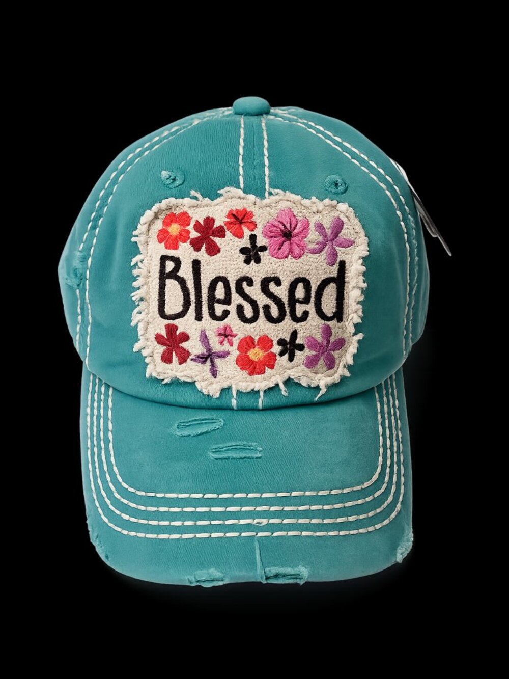 Blessed Floral Distressed Turquoise Baseball Cap | Adjustable One Size